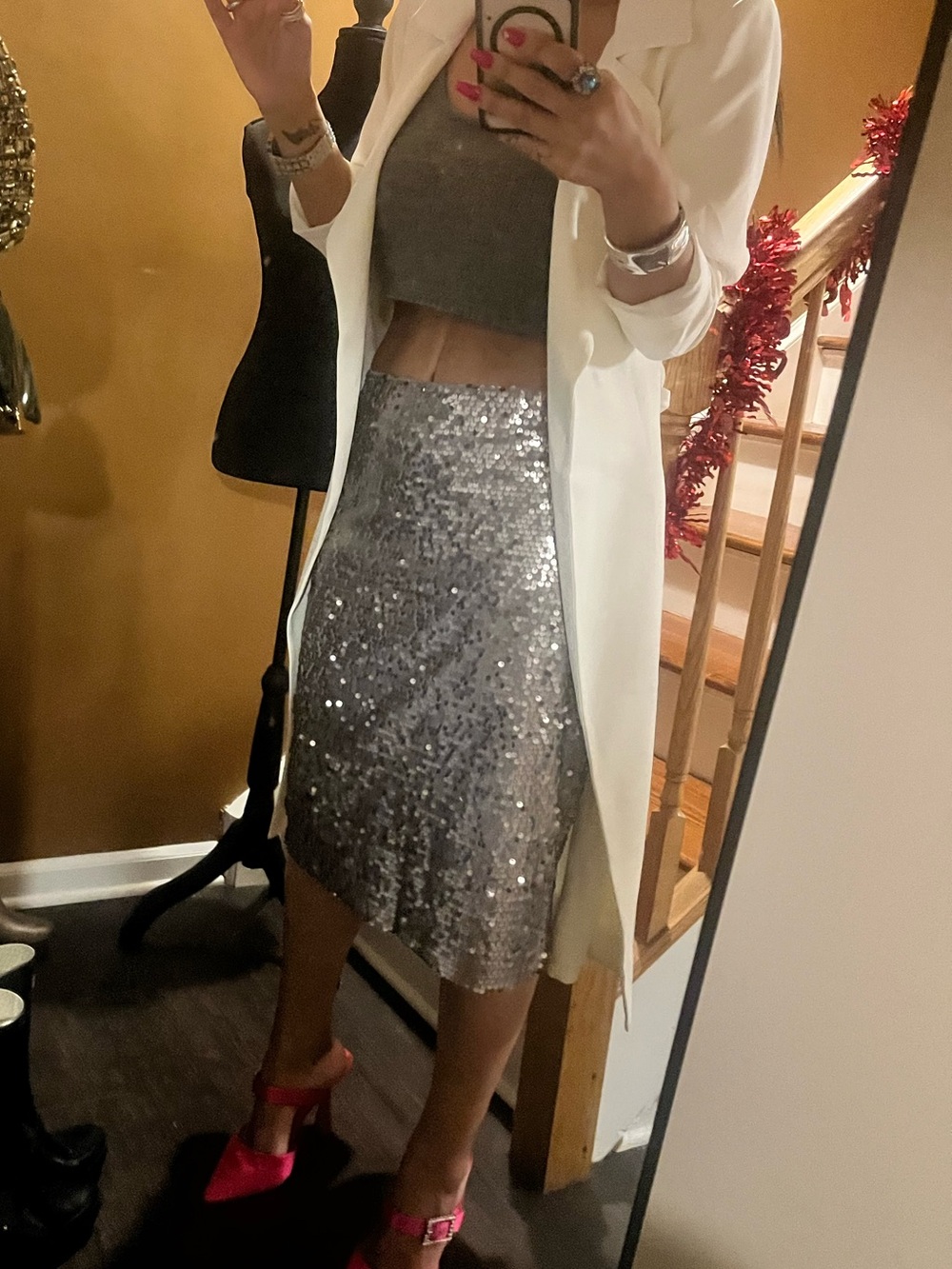 Express Silver Sequin Midi Skirt
